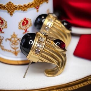 18k Matte Gold Plated Chunky Byzantine Onyx & Ruby Glass Cabochon Earrings